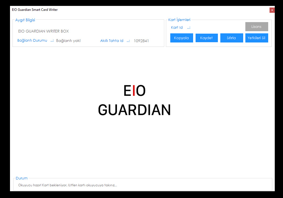 EIO Guardian Smart Card Writer (SCW) yazılacak kartı bekliyor...